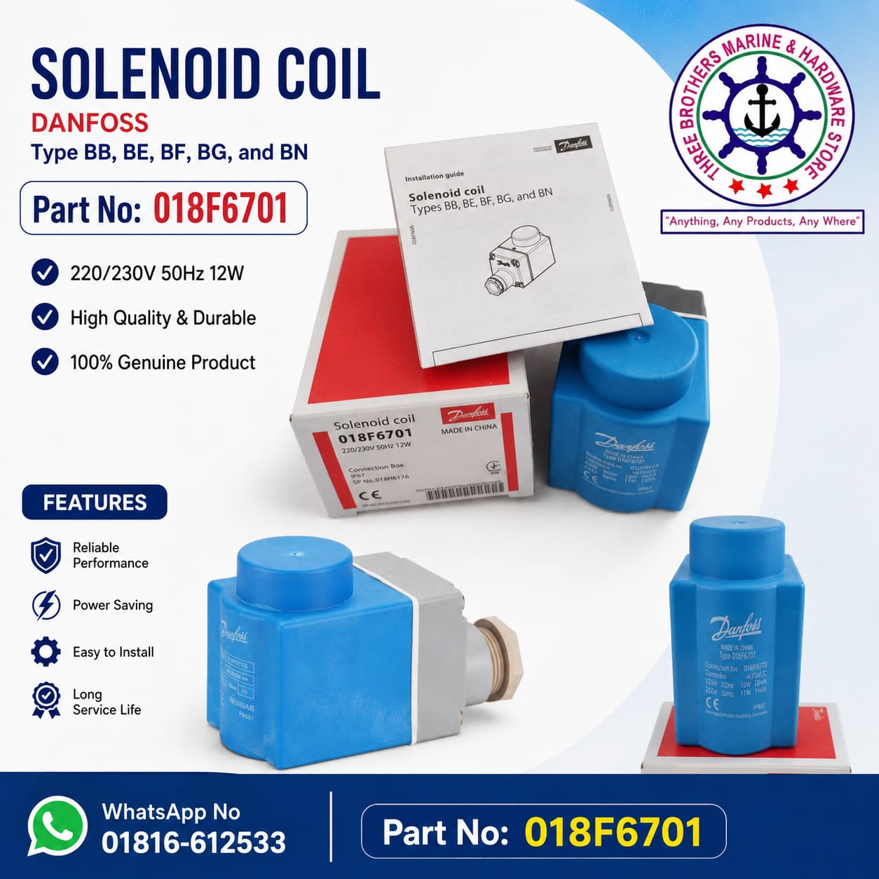 Danfoss 018F6701 Solenoid Coil 220/230V 50Hz 12W