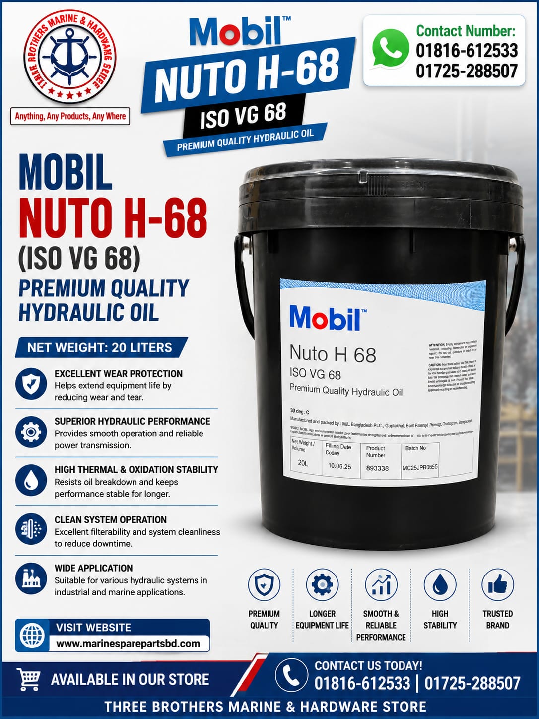 Mobil Nuto H-68 (ISO VG 68), Premium Quality Hydraulic Oil, Net Weight = 20 Liters