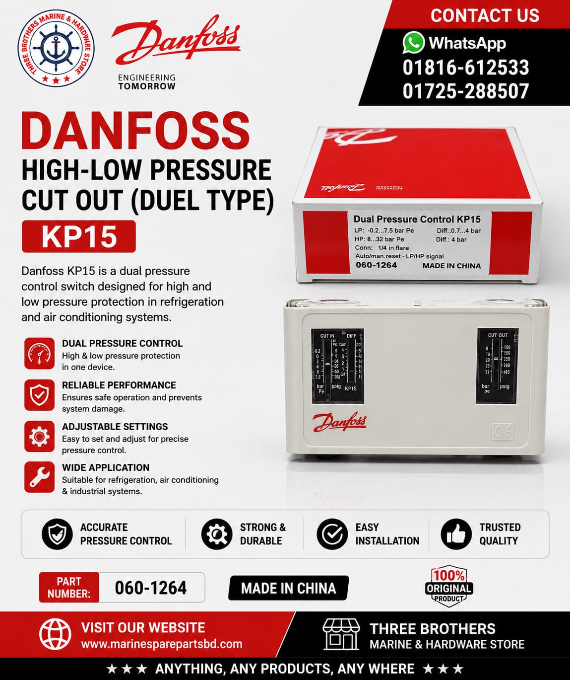 Danfoss High-Low Pressure Cut-Out (KP-15), (Dual Type), Made In China