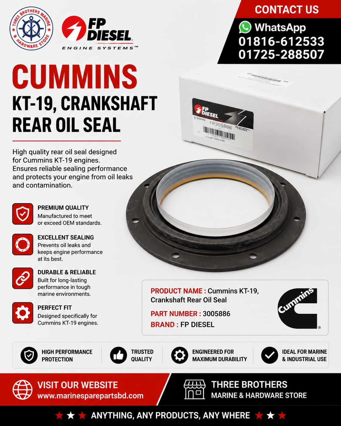 3005886 : Cummins KT-19, Crankshaft Rear Oil Seal. Brand: FP DIESEL