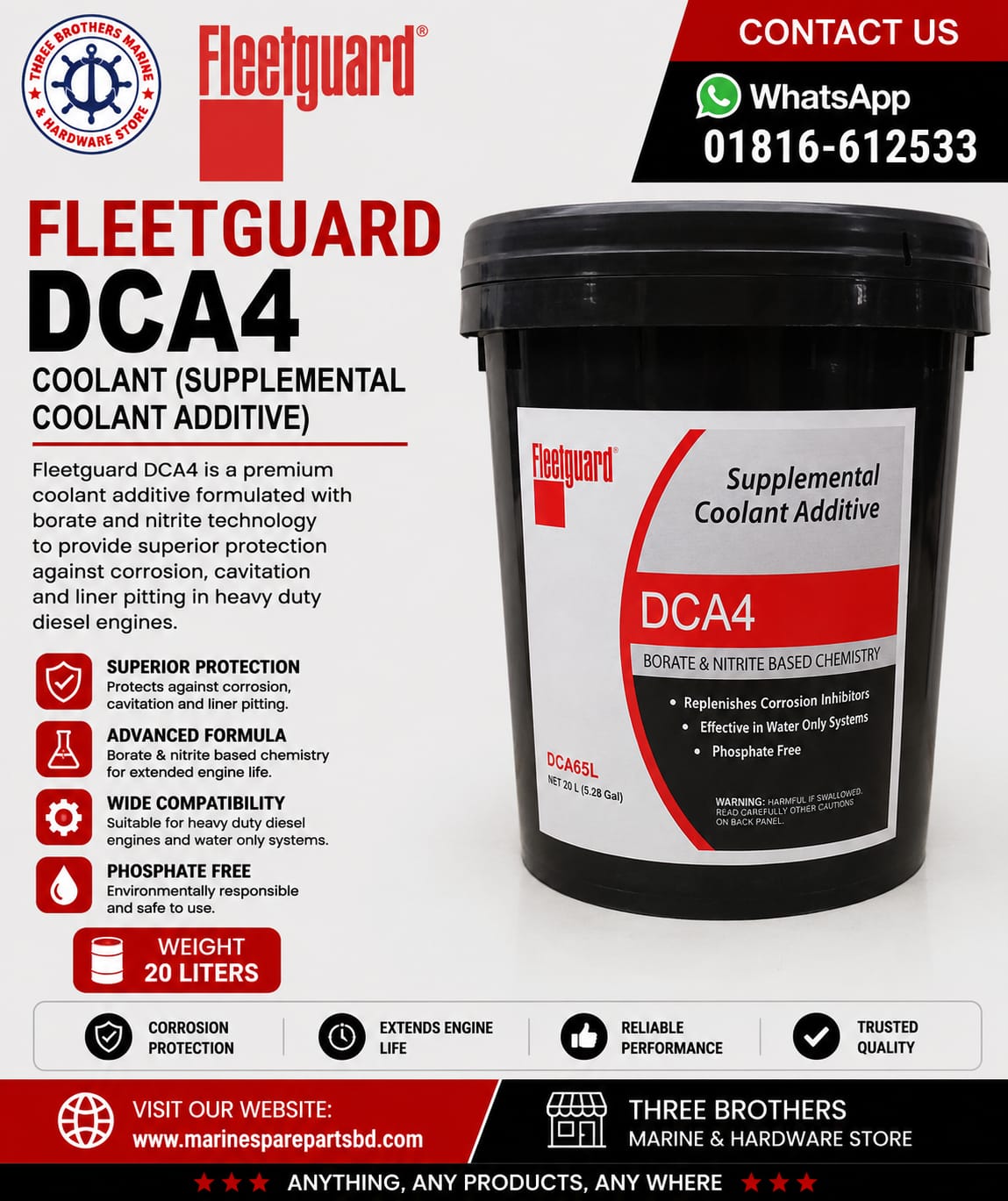 Fleetguard DCA4 Coolant, (Supplemental Coolant Additive), Net Weight: 20 Liters