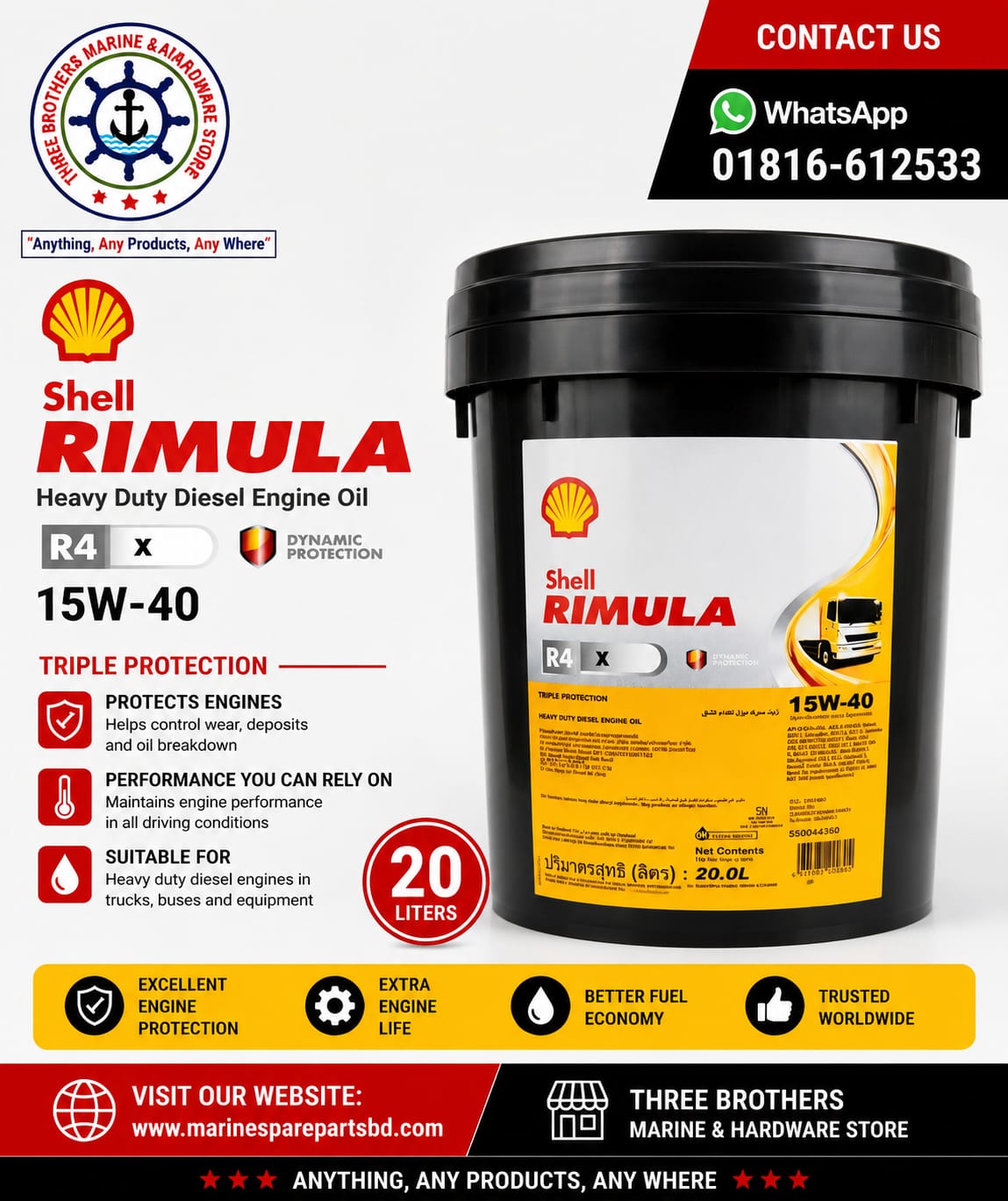 Shell Rimula Lube Oil (15W-40), Net Weight : 20 Liters
