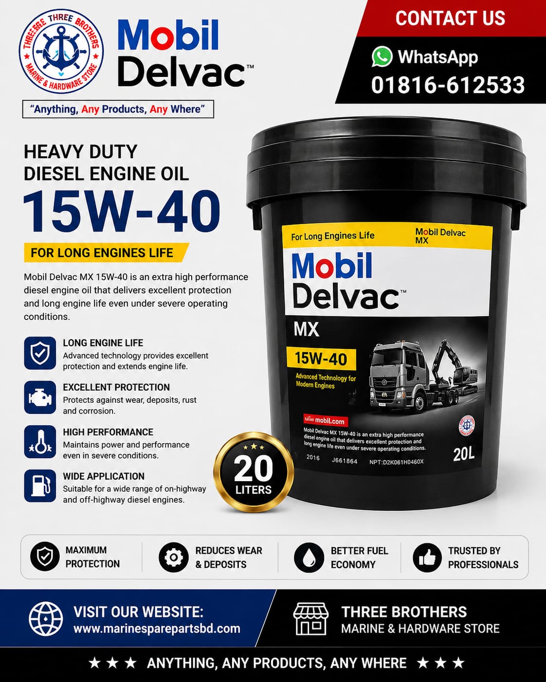 Mobil Delvac Lube Oil (15W-40), Net Weight : 20 Liters